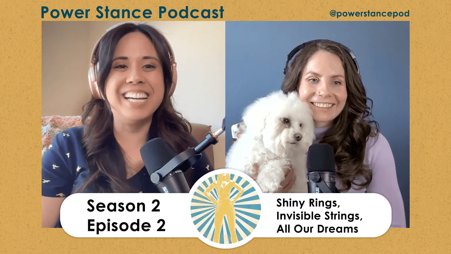 Season 2 Episode 2 Keren and Page smiling with podcast microphones and headphones, Page holding up a white dog - Willow